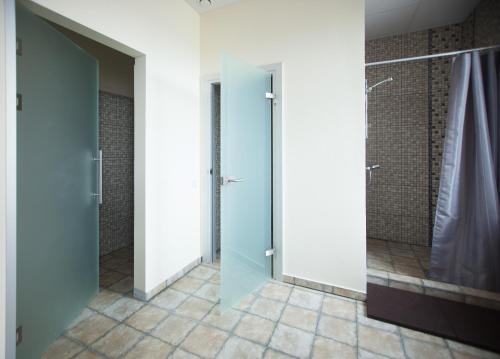 陶格夫匹尔斯SanMari的一间带步入式淋浴间和玻璃门的浴室