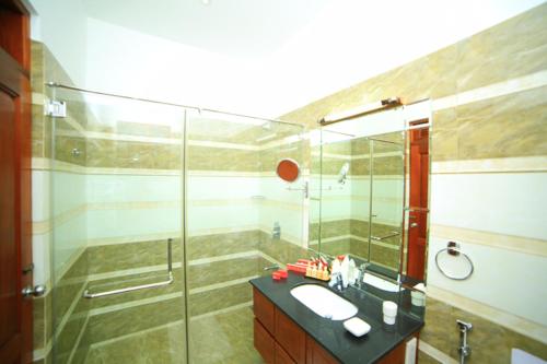 波隆纳鲁沃查雅遗址酒店的一间带玻璃淋浴和水槽的浴室