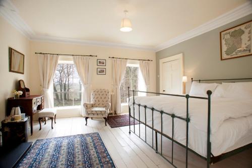 科尔雷恩Dromore House Historic Country house的卧室配有床、椅子和窗户。