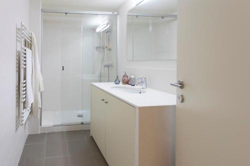 赫罗纳Bravissimo Cort Reial-2A的白色的浴室设有水槽和淋浴。