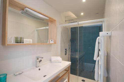 Tillé桑斯奥克斯5号酒店的一间带水槽和淋浴的浴室