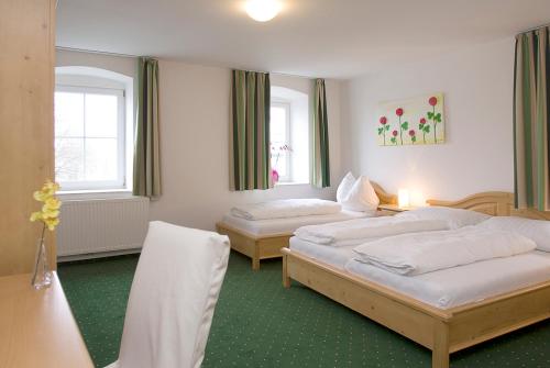 萨尔茨堡附近奥伯恩多夫奥特奥本多夫酒店的配有两张床铺的客房,设有绿色地板和窗户