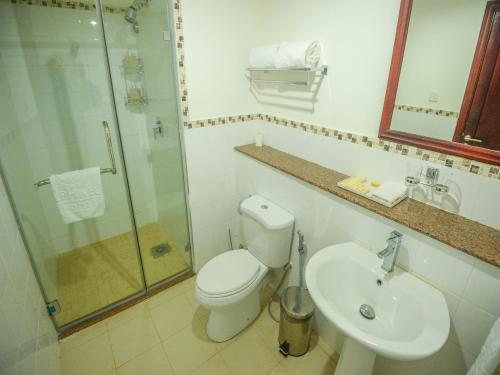 奔巴岛拉斐尔斯酒店的浴室配有卫生间、盥洗盆和淋浴。