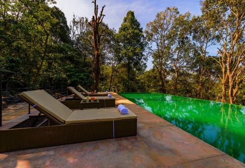 维特利Wayanad Wild - Rainforest Lodge by CGH Earth的绿色游泳池旁的游泳池