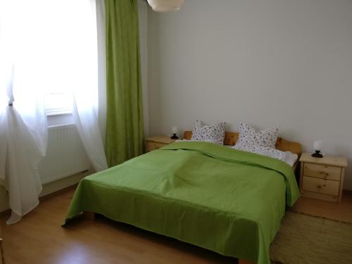 海吉克Jade Apartment的一间卧室设有一张绿色的床和一个窗户。