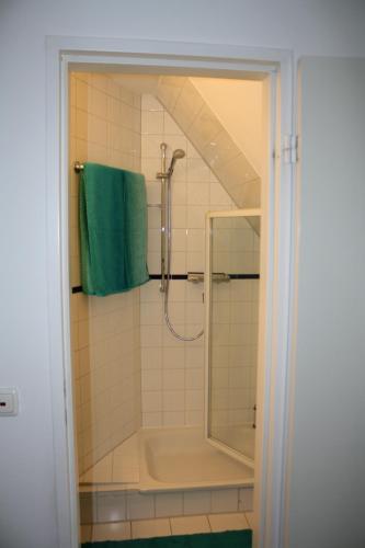 BehrensdorfReethus Stöfs的带淋浴和绿毛巾的浴室