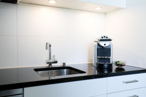 Uzwil豪斯一号服务公寓酒店的厨房配有水槽和咖啡壶