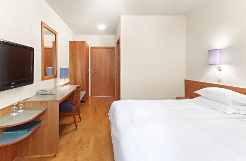 埃基斯蒂尔Hérað - Berjaya Iceland Hotels的一间卧室配有一张床、一张书桌和一台电视。