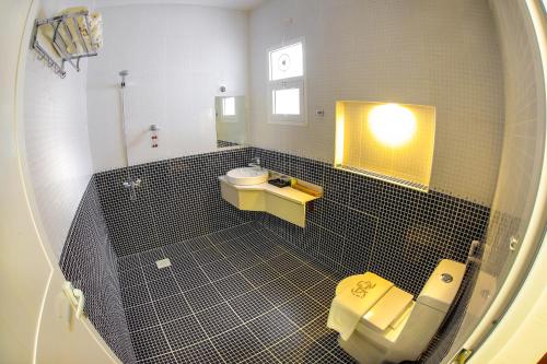 苏尔萨基公寓式酒店的一间带卫生间、水槽和镜子的浴室