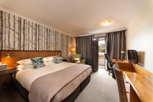 温耶德温耶德海滨酒店的酒店客房配有一张床、一张书桌和一台电视。