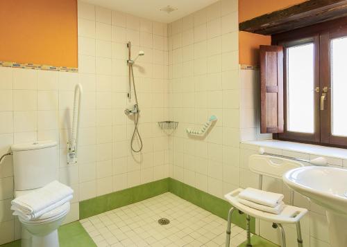 泽斯托亚Casa rural Restaurante Aranburu的带淋浴、卫生间和盥洗盆的浴室