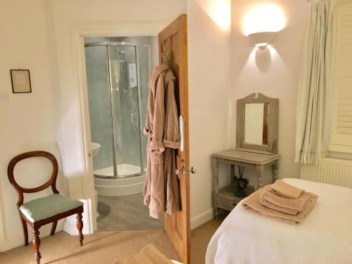 布罗德韦SmallBrook Cottage的一间卧室设有淋浴、一张床和一把椅子