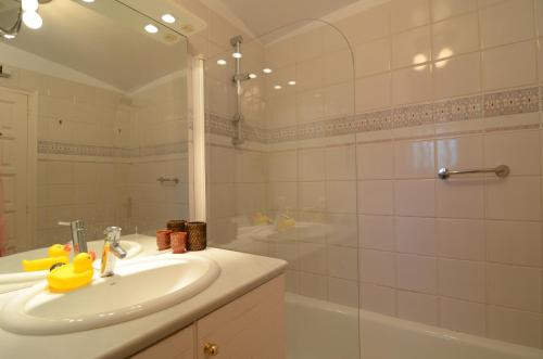 帕尔斯Plaça Dels Pous 3的白色的浴室设有水槽和淋浴。