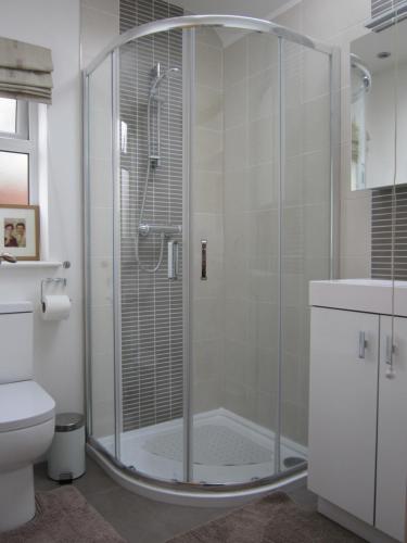 勒德洛Temeside Garden House的浴室里设有玻璃门淋浴