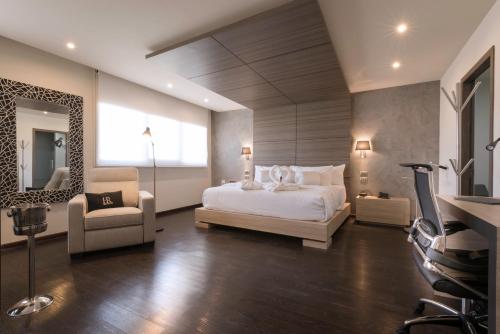 墨西哥城里亚索机场酒店的一间卧室配有一张床、一把椅子和镜子