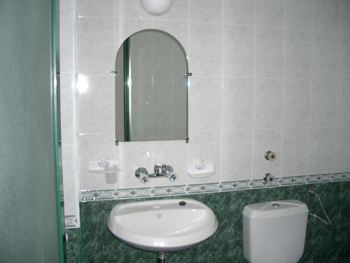 普里莫尔斯科Hotel Levteri的一间带水槽、镜子和卫生间的浴室