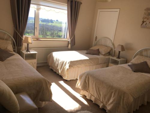 ArvaghThe Arches Farmhouse B&B的酒店客房设有两张床和窗户。