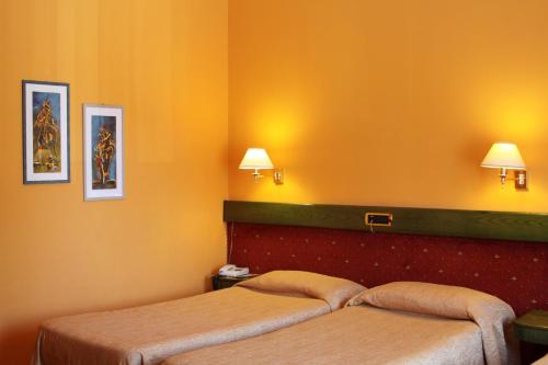 皮亚琴察欧洲酒店的酒店客房设有两张床和两盏灯。