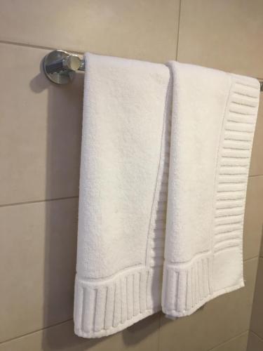 布拉索夫Poarta Ecaterina Residence的浴室毛巾架上的白色毛巾