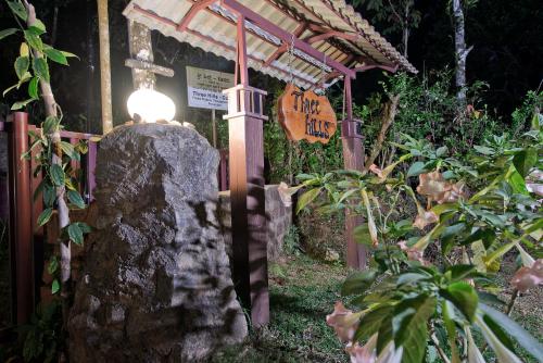 马迪凯里Three Hills Resort Coorg的夜间花园里的岩石灯笼