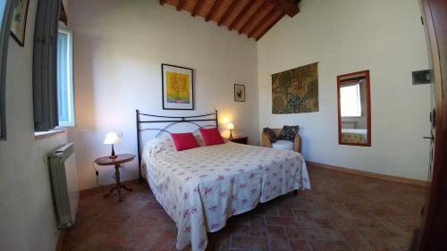 RoccalbegnaPodere Sant'Angelo的一间卧室配有红色枕头的床