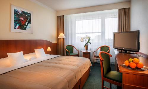 俄斯特拉发俄斯特拉发克拉丽奥酒店的酒店客房设有一张床和一张桌子及一台电视
