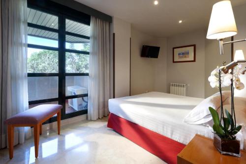 拉斯·罗萨斯·德·马德里阿尔梅纳尔埃克格瑞纳酒店的酒店客房设有床和窗户。