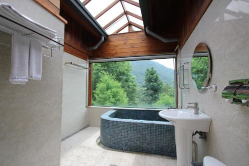 Guoxing北港溪沙八山庄 的带淋浴和盥洗盆的浴室以及窗户。