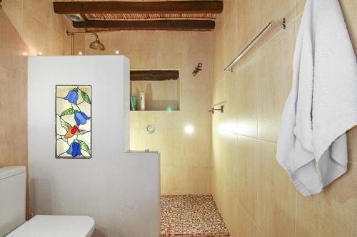 比纽埃拉Loma Los Pelones 78的浴室设有卫生间和带彩色玻璃窗的淋浴。