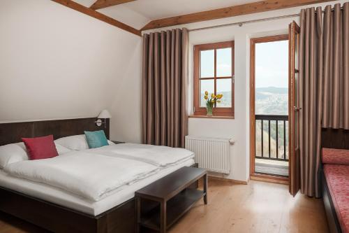 维特科维采Aneta Hotel & Restaurant的一间卧室设有一张床和一个大窗户