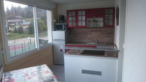 普雷芒翁La Serre Nelly Philippe的厨房配有红色橱柜和白色冰箱