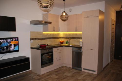 克拉科夫Apartment Wielicka Cracow的厨房配有白色橱柜和炉灶烤箱。