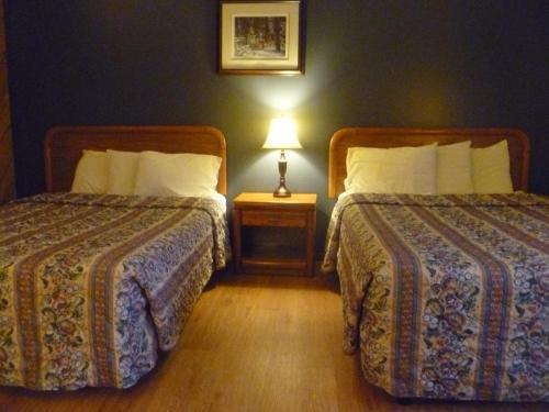 PhillipsTimber Inn Motel的酒店客房,设有两张床和一盏灯
