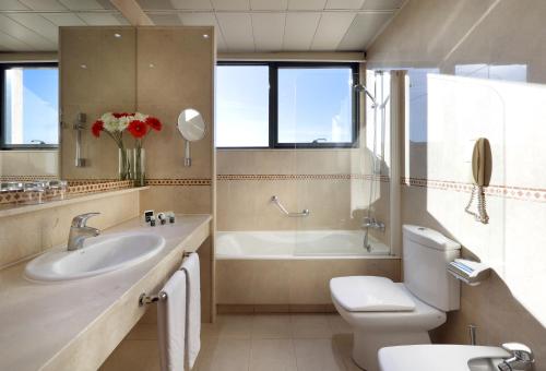 马德里埃克广场酒店的浴室配有盥洗盆、卫生间和浴缸。