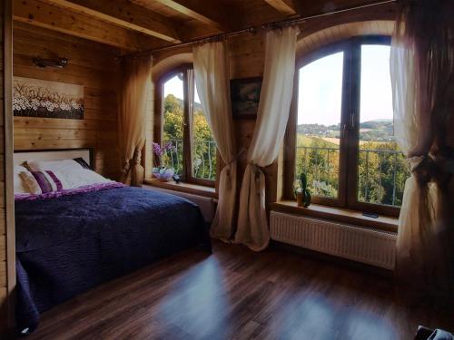 WilkowiskoChata wsród Malw的一间卧室设有一张床和美景窗户。