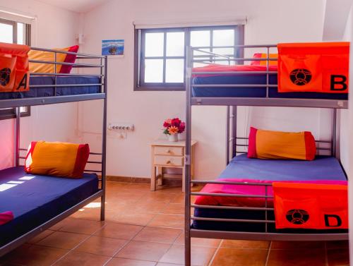 阿德耶拉托尔旅馆的客房设有三张双层床和色彩缤纷的枕头。