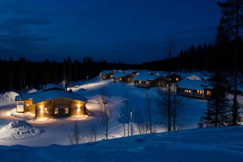 佩洛Valkea Arctic Lodge的一群晚上下雪的房子
