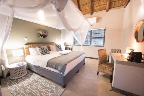侯斯普瑞特Bushbaby River Lodge的一间卧室配有一张床、一张桌子和一张书桌