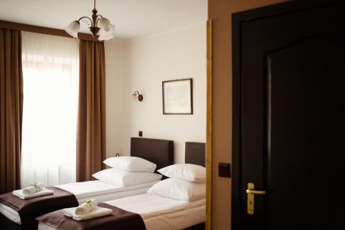 克拉科夫艾登酒店的酒店客房设有两张床和窗户。