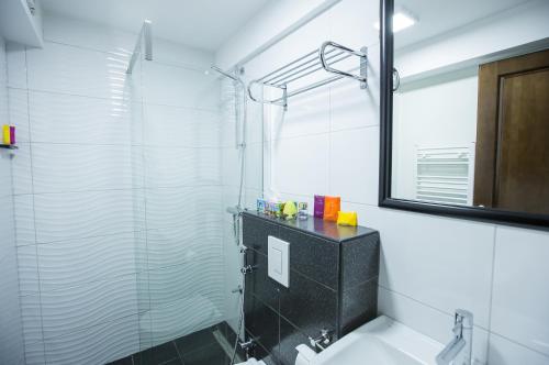 图兹拉Heartland City B&B的一间带玻璃淋浴和水槽的浴室