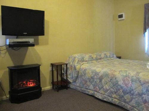 维多利亚山雪松山林小屋的一间卧室配有一张床、一台电视和一个壁炉