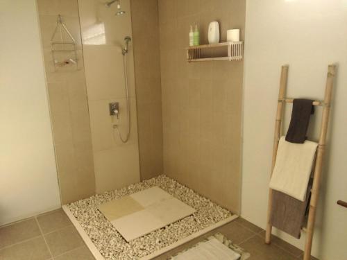 甘地达萨水族生态度假酒店的一间带淋浴的浴室,铺有鹅卵石地板