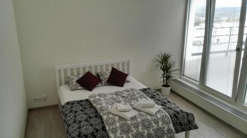 布尔诺布尔诺阿尔法全景公寓的一间卧室配有一张床,上面有两条毛巾