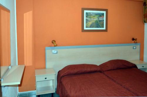 英格兰海滩绿色公园公寓酒店的一间卧室配有一张橙色墙壁的床