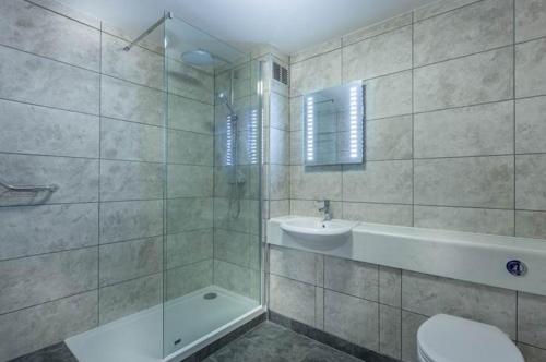 圣彼得港杰尔博罗酒店的带淋浴、盥洗盆和卫生间的浴室