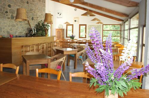 拉吉约勒奥伯格杜坎贝尔酒店的餐厅设有桌椅和紫色鲜花