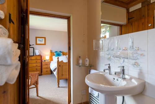 盖顿小修道院农场住宿加早餐旅馆的一间带水槽的浴室和一间卧室