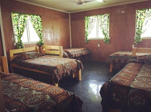 努库阿洛法The Village Backpackers的带窗户的客房内设有三张床。