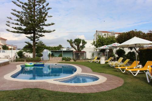 阿尔布费拉阳光酒店的一个带躺椅和遮阳伞的游泳池