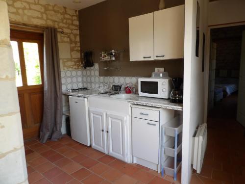 Ambillou-Château窑洞旅馆的厨房配有白色橱柜和微波炉